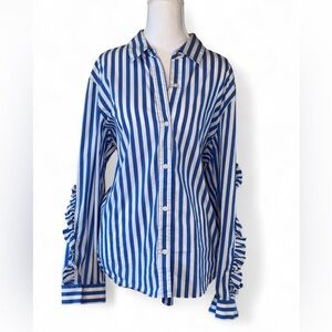 DKNY Blue White Striped Ruffle Sleeve Button Down Shirt XL